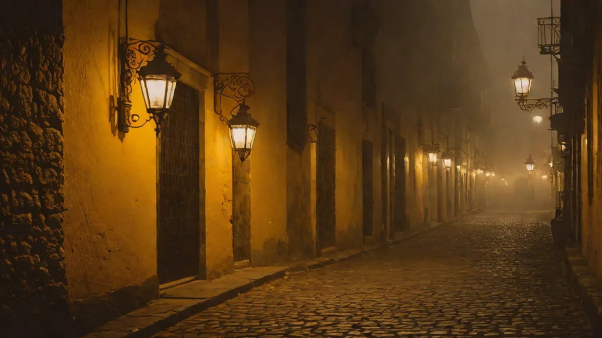 Calle colonial mexicana de noche envuelta en niebla y alumbrada por un farol de hierro.