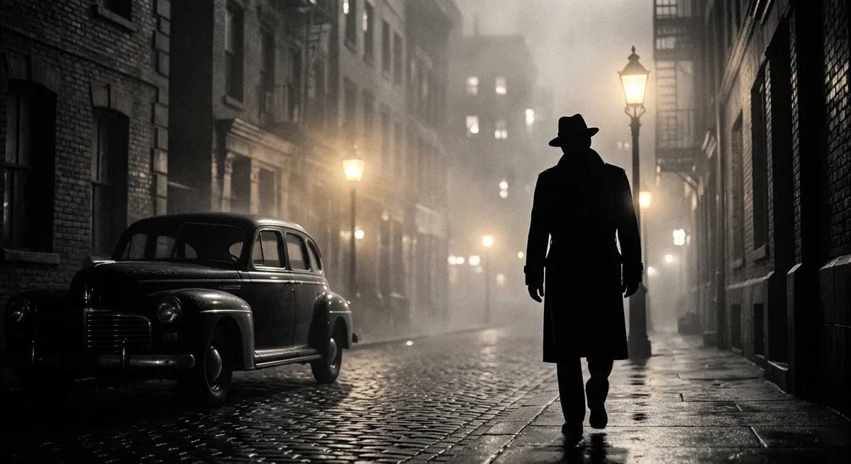 Figura masculina con traje y sombrero oscuros caminando de noche junto a un coche clásico en una calle con niebla.