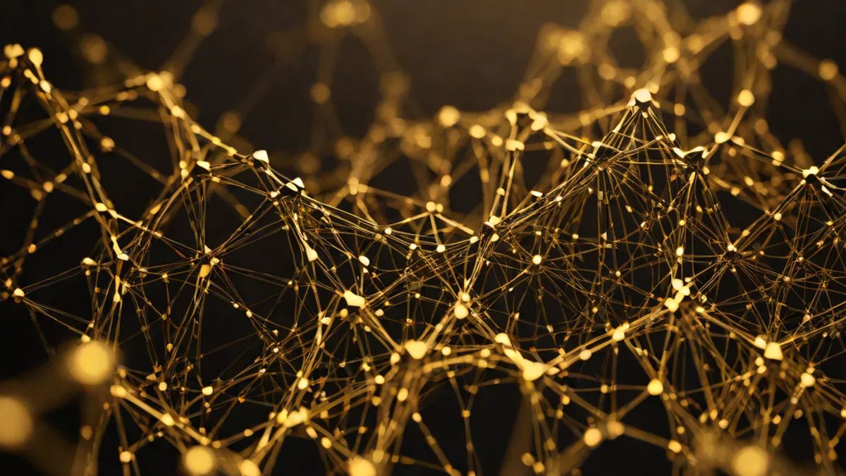 Network of glowing crystalline structures in a vast abstract landscape