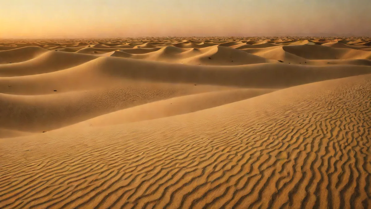 Desert landscape at dawn with textured sand and soft light