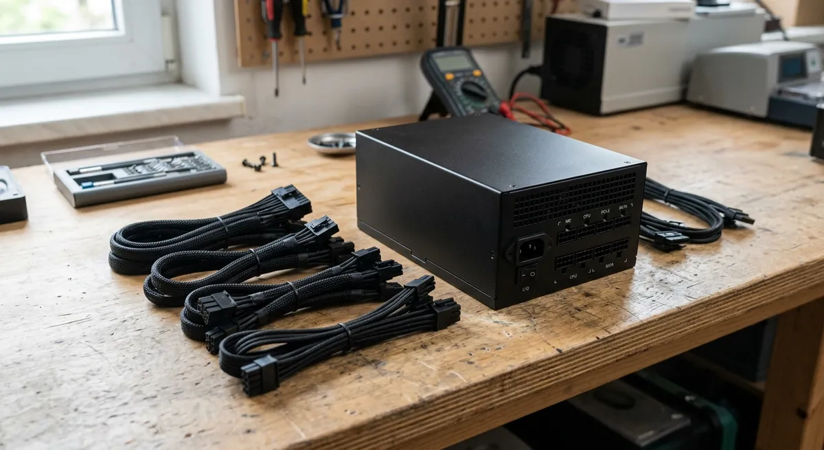 Fuente de alimentación modular para PC con sus cables desprendibles organizados sobre una mesa de trabajo.