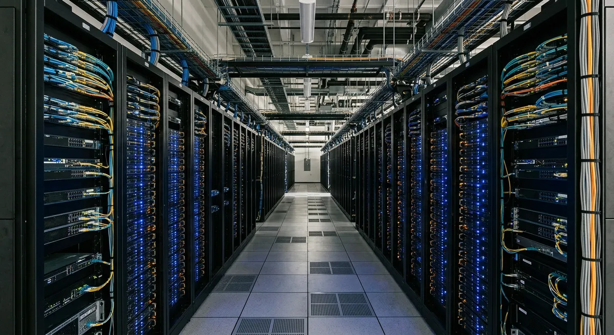 Filas de servidores de procesamiento de datos en un centro de datos para entrenamiento de inteligencia artificial.