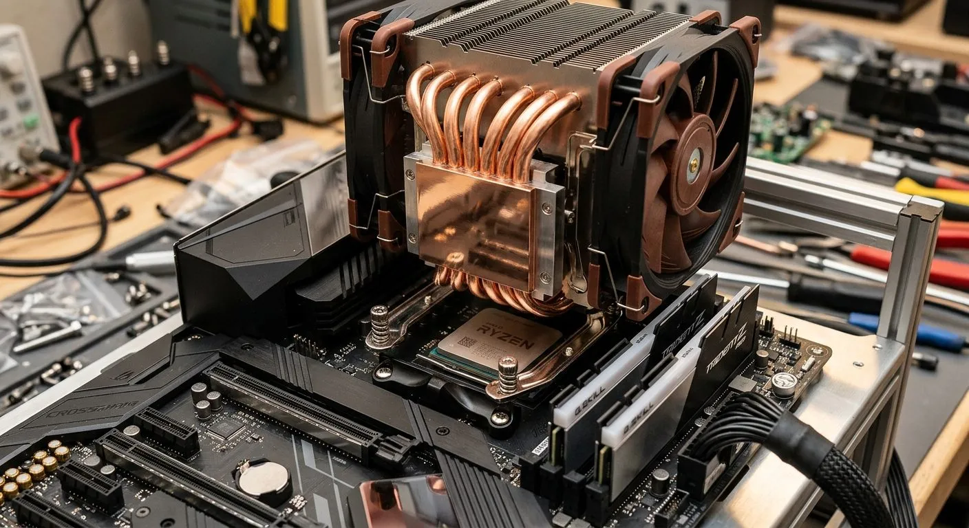 Disipador de calor de ordenador con base de cobre y tubos térmicos instalado en un procesador.