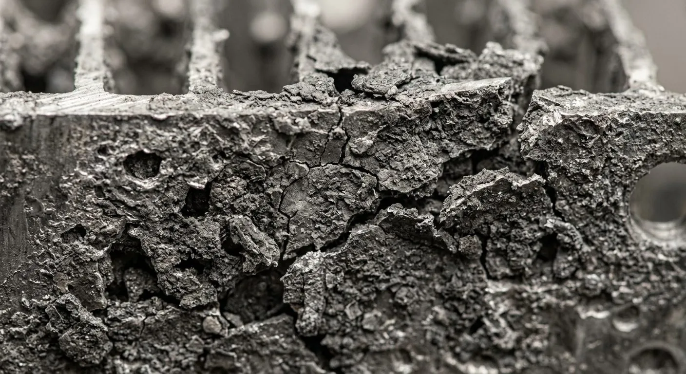 Deterioro y corrosión en una superficie de aluminio por reacción química con metal líquido de galio.