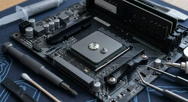 Aplicación de metal líquido y pasta térmica sobre el procesador de una placa base de ordenador.