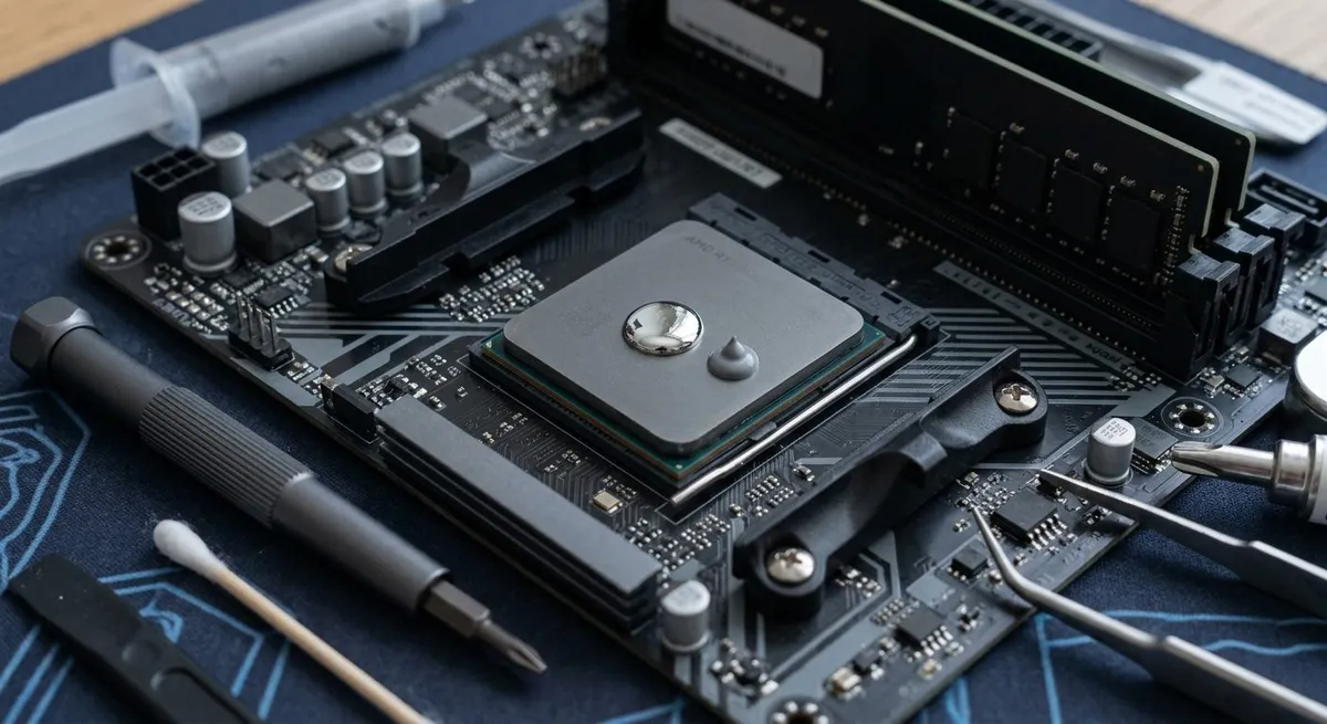 Aplicación de metal líquido y pasta térmica sobre el procesador de una placa base de ordenador.