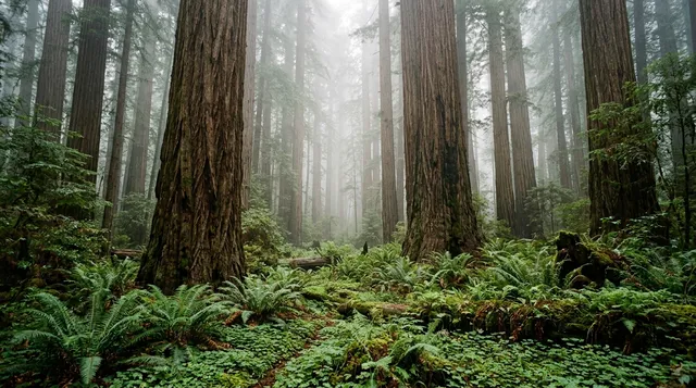 Bosque frondoso de secuoyas en el norte de California envuelto en la niebla matutina.