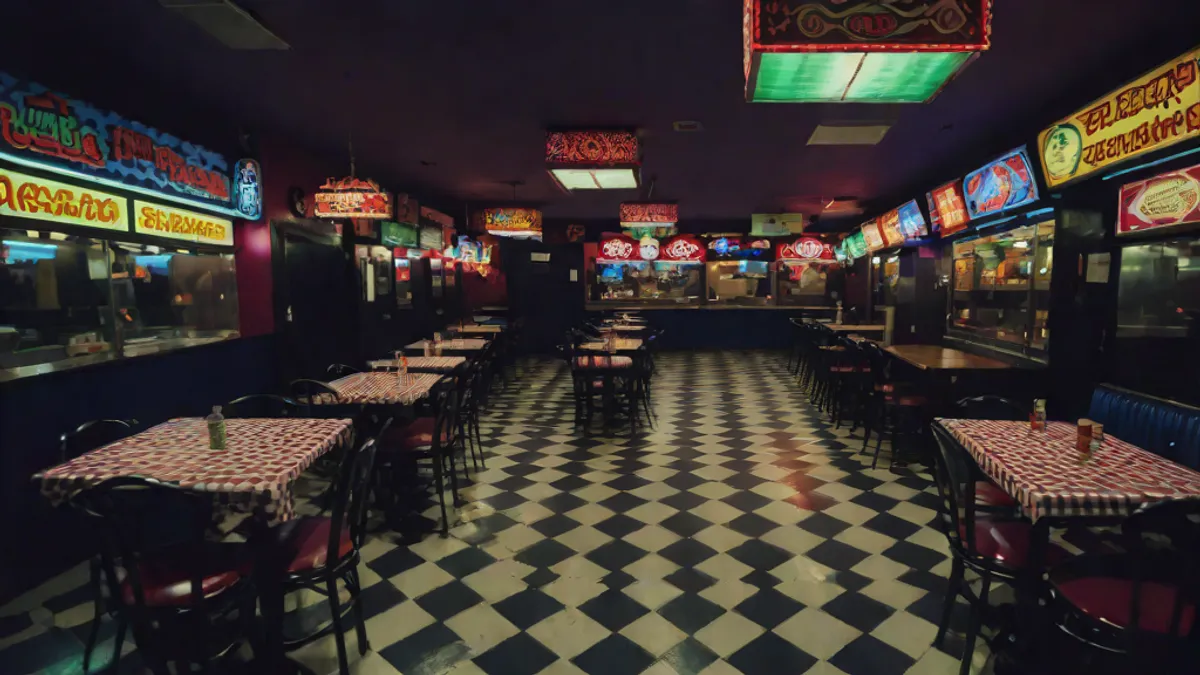 Restaurante familiar de pizzas de noche, con mesas de fiesta, suelo de damero y ambiente de terror.