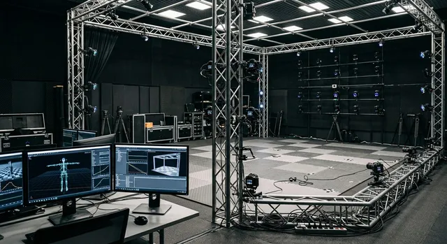 Actor con traje de captura de movimiento en un estudio de producción de videojuegos rodeado de cámaras.