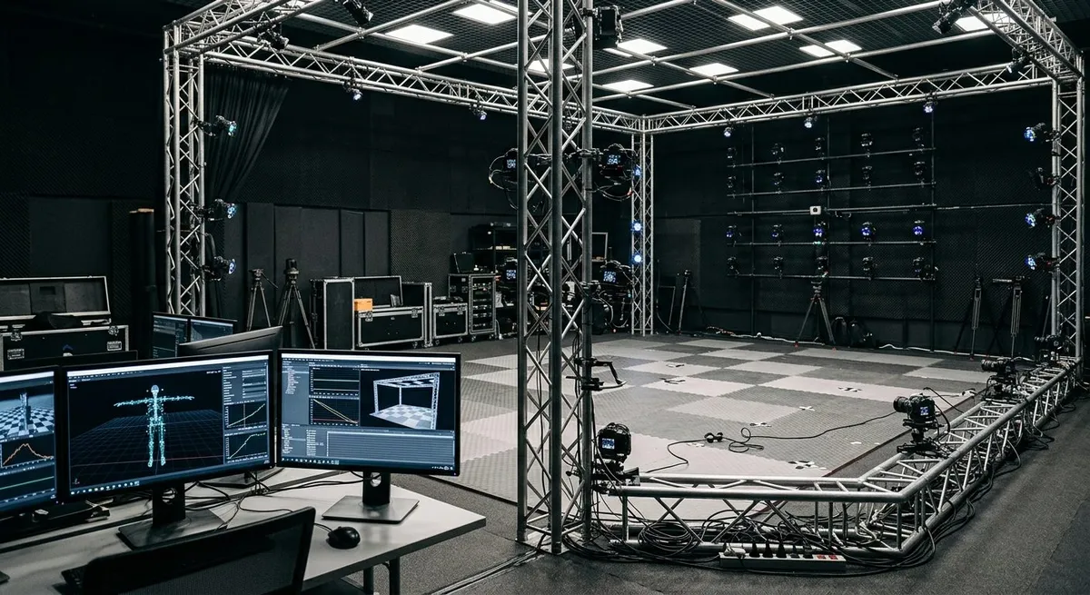 Actor con traje de captura de movimiento en un estudio de producción de videojuegos rodeado de cámaras.