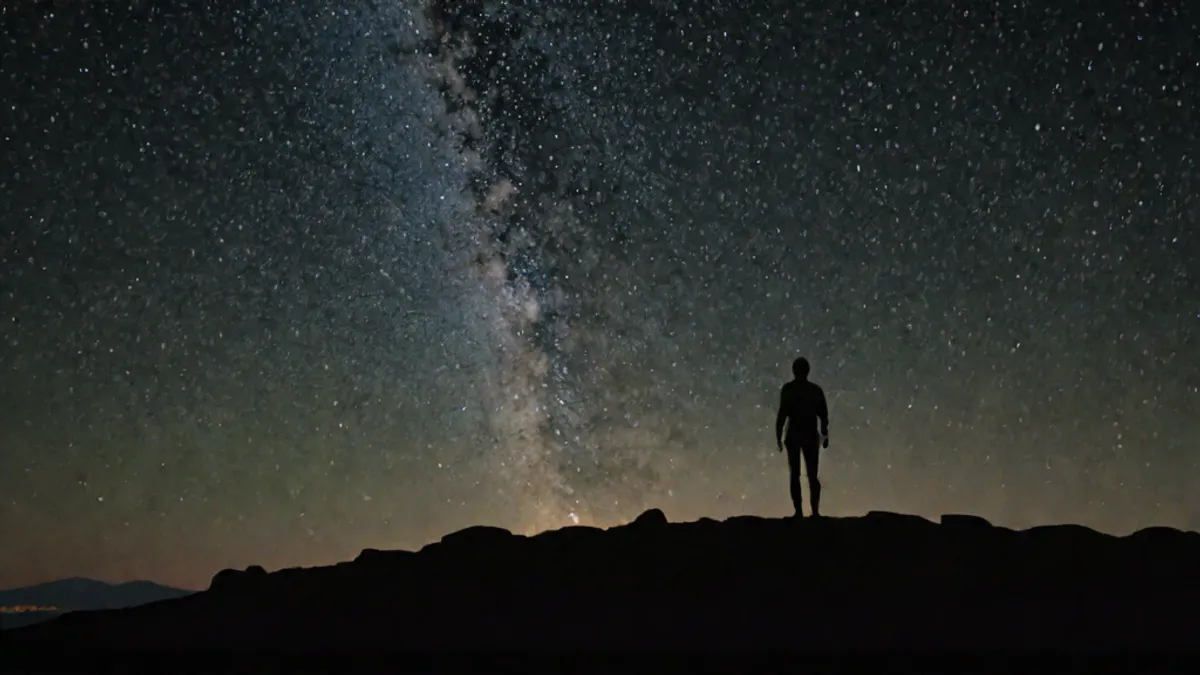 Persona de espaldas contemplando el cielo estrellado en la noche.