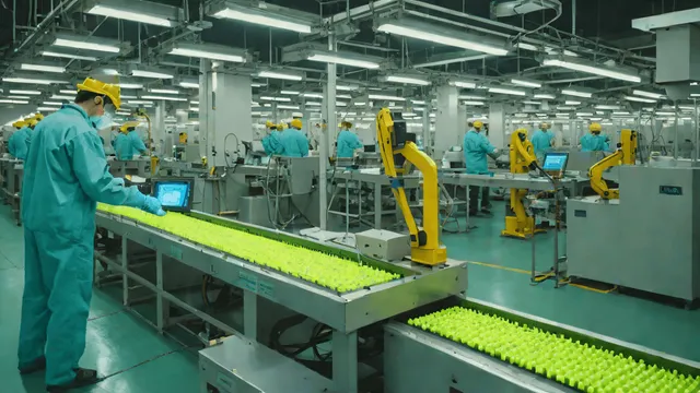 Workers monitoring DRAM production lines in a semiconductor factory at night
