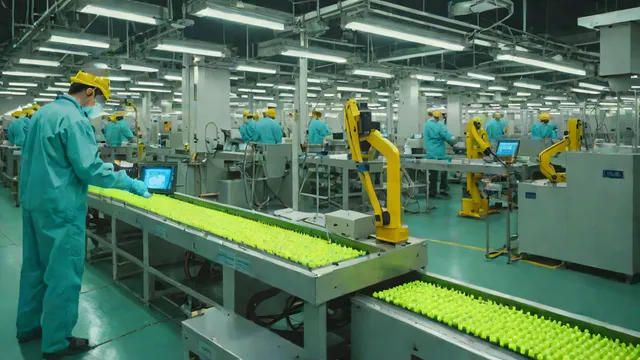 Workers monitoring DRAM production lines in a semiconductor factory at night