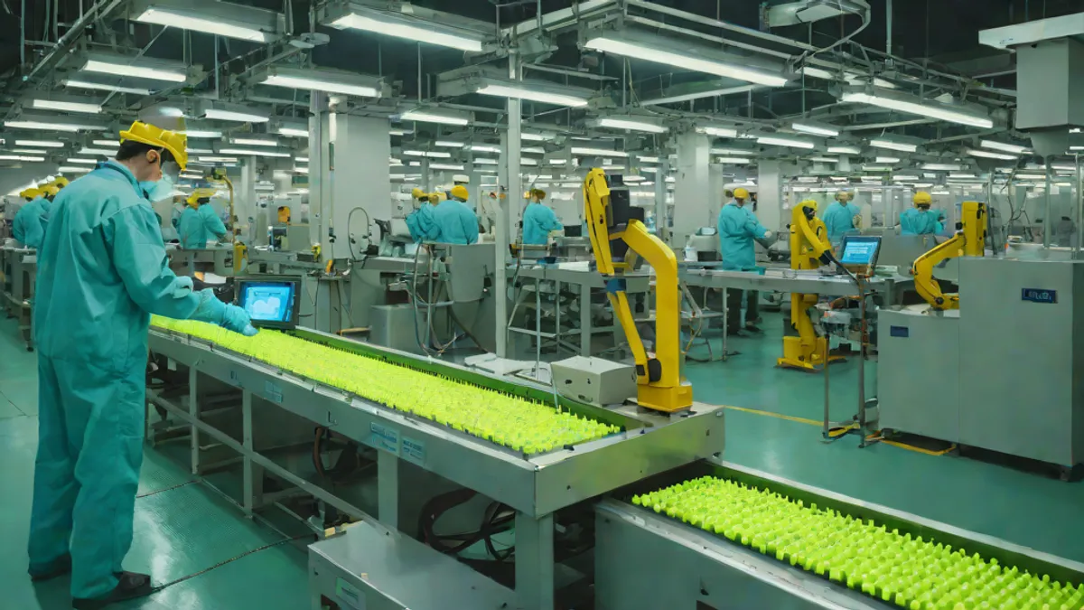Workers monitoring DRAM production lines in a semiconductor factory at night