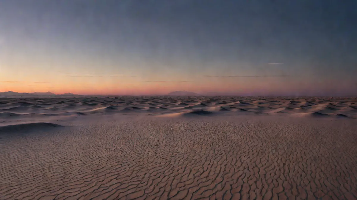 Desert at twilight with abstract sand patterns and hazy horizon