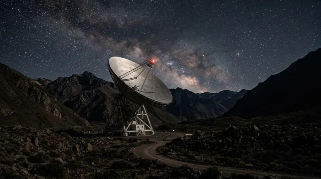 Gran radiotelescopio apuntando al cielo nocturno estrellado para detectar señales extraterrestres.