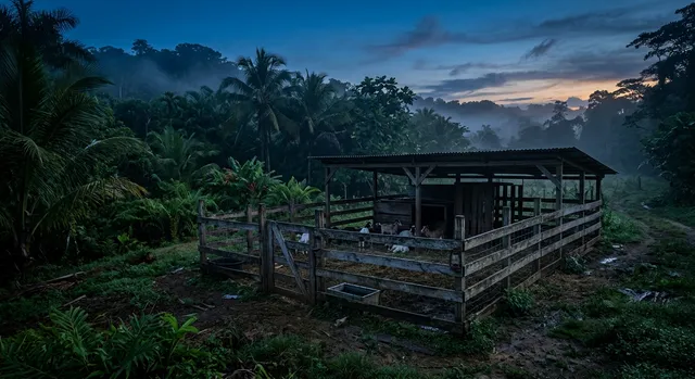 Cercado de madera en el campo de Puerto Rico durante el atardecer con niebla baja.