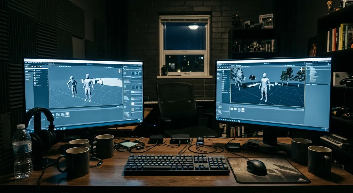 Un desarrollador de videojuegos trabaja de noche frente a pantallas iluminadas con software de edición 3D.