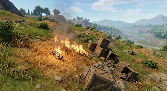 Escena de videojuego en 3D con sistemas de física y fuego interactuando en tiempo real en un entorno natural.