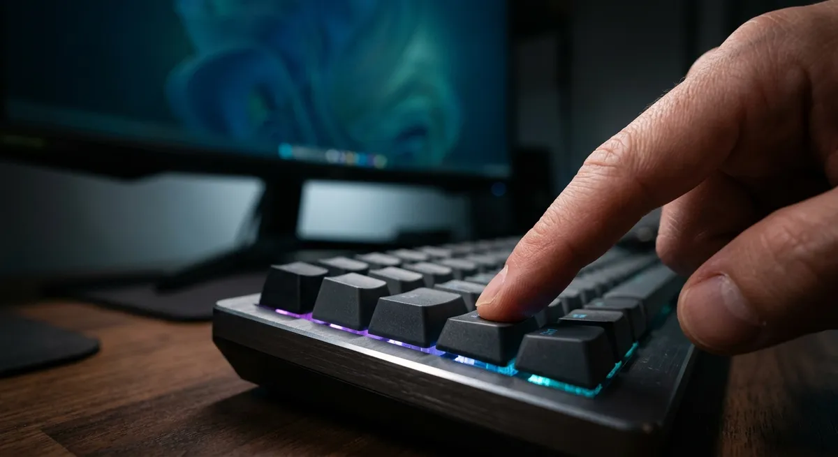 Mano presionando la tecla de un teclado mecánico retroiluminado con un monitor encendido al fondo.