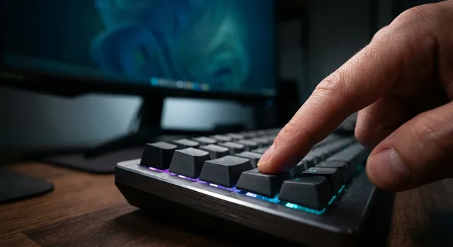 Mano presionando la tecla de un teclado mecánico retroiluminado con un monitor encendido al fondo.