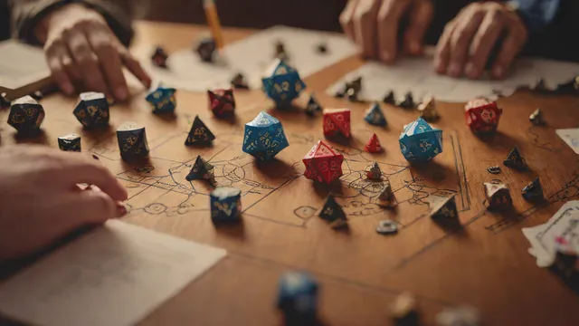 Una partida de rol de mesa con dados poliédricos, fichas de personaje y miniaturas sobre un tablero.