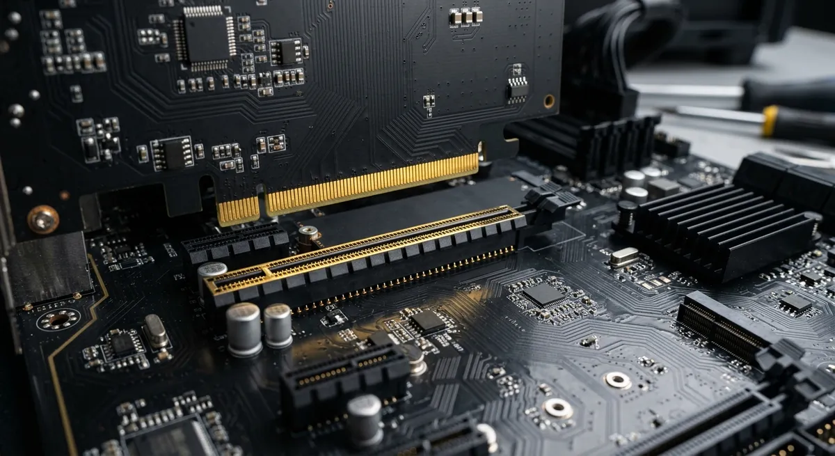 Ranura PCI Express en una placa base moderna con una tarjeta de expansión lista para conectarse.