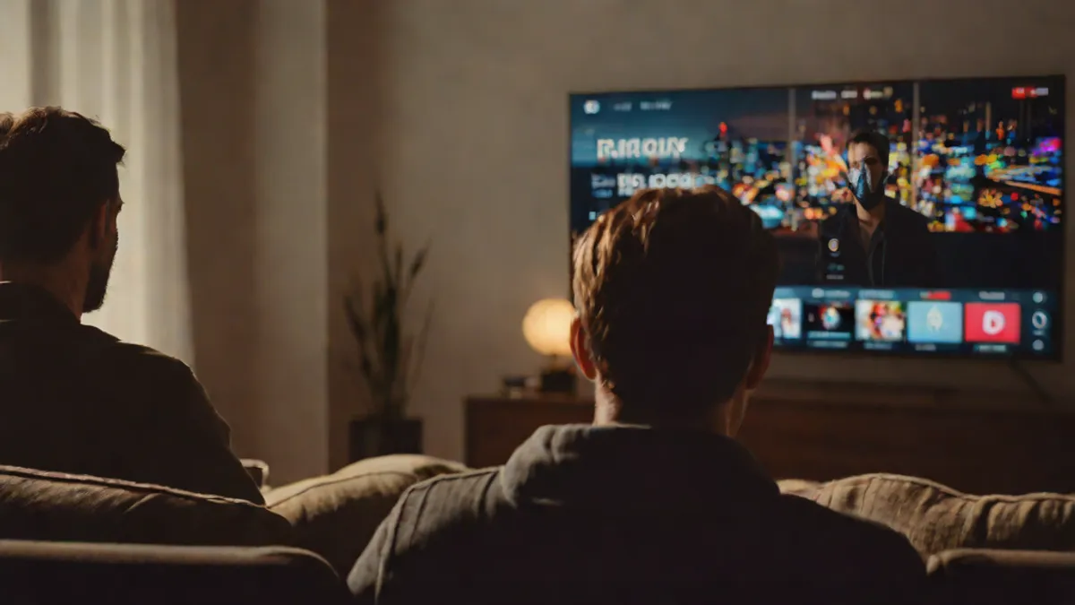 Persona de espaldas en un salón viendo un vídeo en una pantalla grande de televisión.