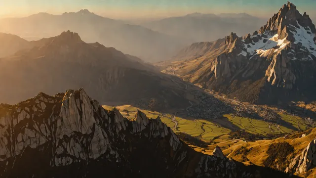 Mountain range at sunrise with distinct dark shadows and bright peaks