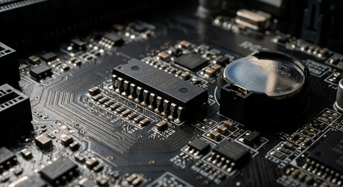 Chip BIOS de un ordenador soldado en la placa base junto a la pila CMOS.