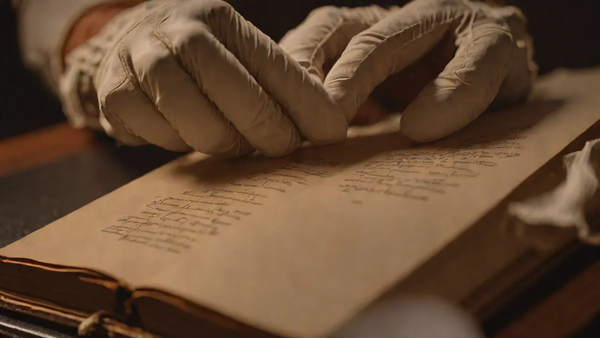 Manos con guantes de protección examinando minuciosamente un libro antiguo sobre una mesa de trabajo de conservación.