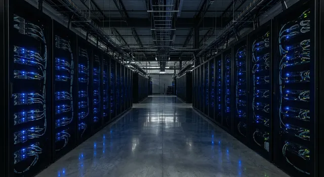 Pasillo de un centro de datos con filas de servidores e indicadores led.