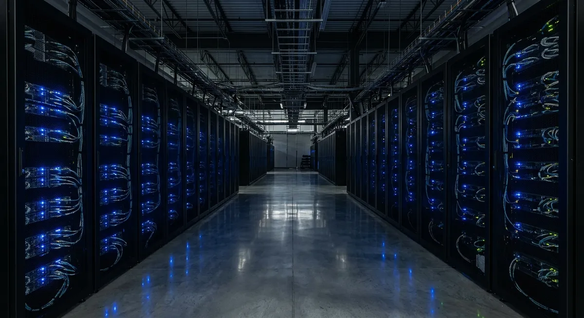 Pasillo de un centro de datos con filas de servidores e indicadores led.