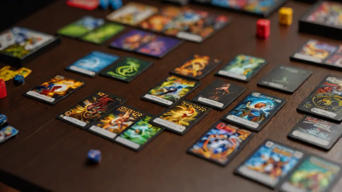 Mesa de juego de cartas coleccionables con fundas protectoras, tapete y accesorios sobre madera.