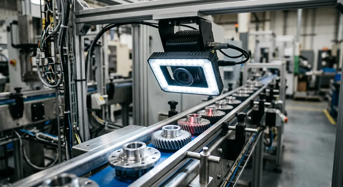 Cámara de visión por computador inspeccionando piezas metálicas en una cinta transportadora industrial.