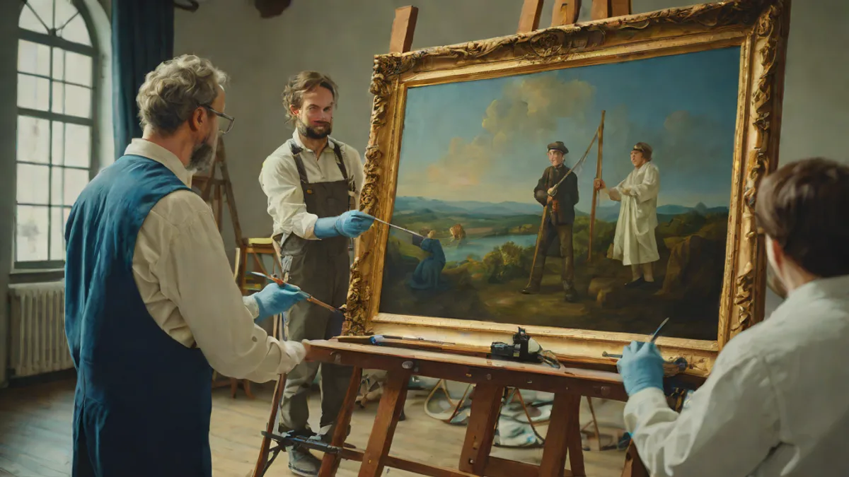 Taller de restauración de un museo con una pintura antigua sobre caballete y herramientas de conservación.