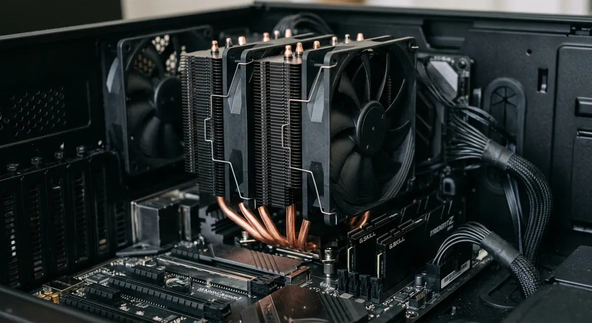 Disipador de aire para procesador instalado en una placa base dentro de una caja de ordenador.