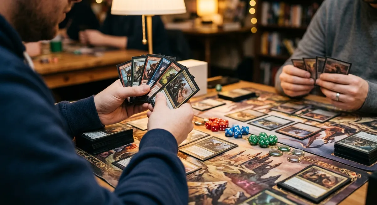 Partida de juego de cartas coleccionables sobre un tapete con dados y cartas enfundadas.