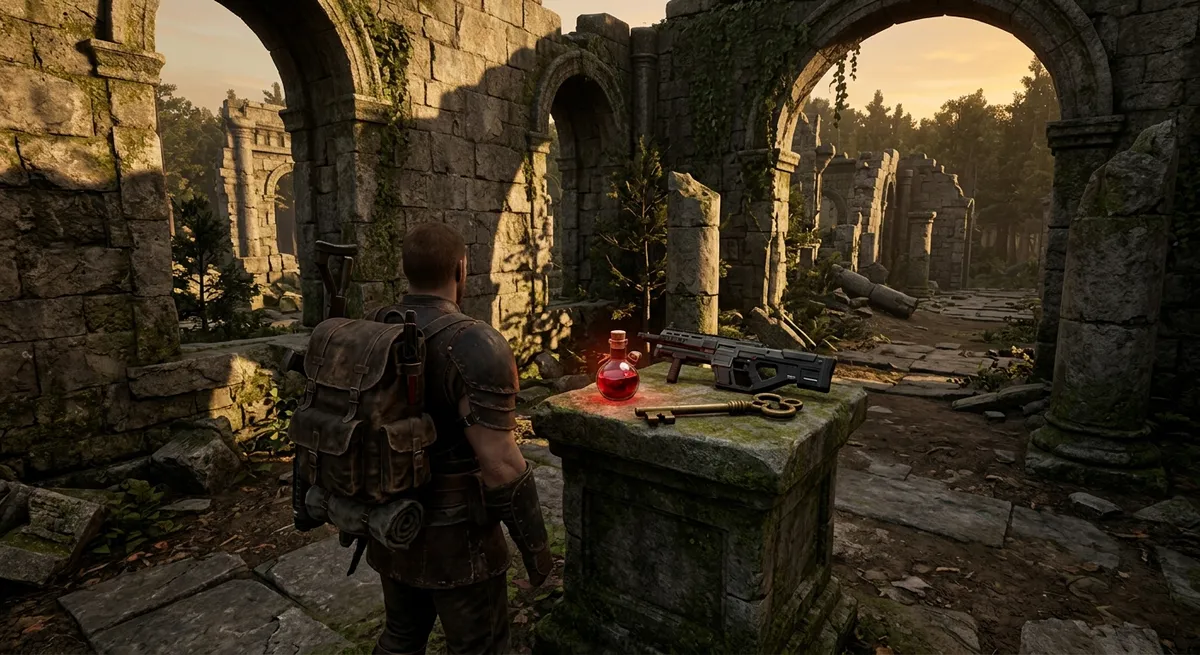 Jugador de espaldas observando objetos de juego variados como pociones, armas y llaves en un escenario fantástico.