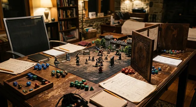Mesa de juego de rol con dados poliédricos, figuras en miniatura, fichas de personaje y pantalla del director.
