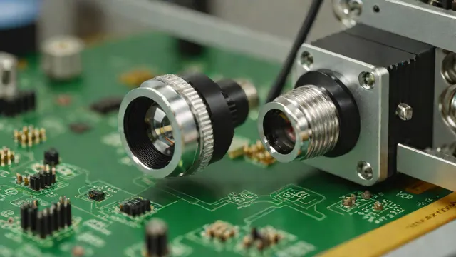 Cámara de visión industrial inspeccionando componentes electrónicos sobre una mesa de laboratorio.
