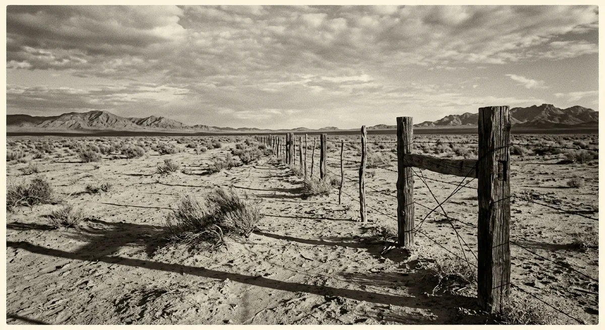 Paisaje árido del desierto de Nuevo México con vegetación baja y cercado de madera.