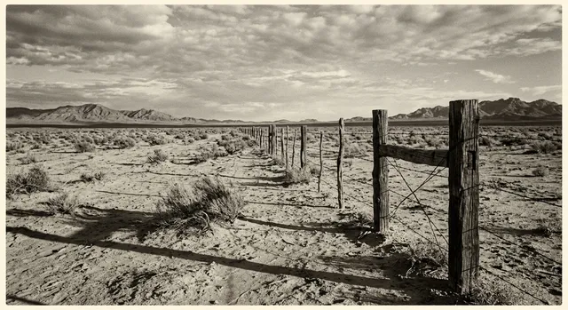 Paisaje árido del desierto de Nuevo México con vegetación baja y cercado de madera.