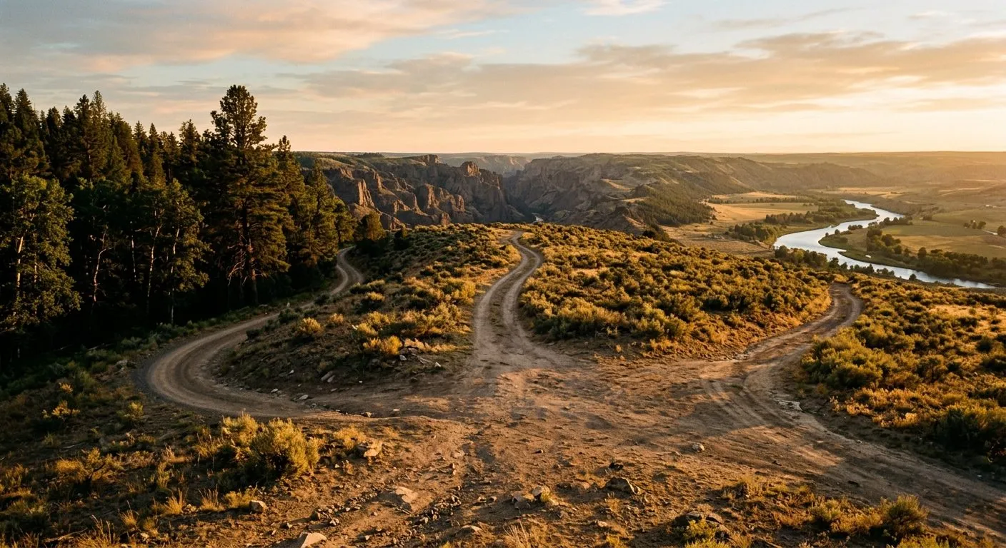 Personaje en una encrucijada de caminos que conducen a distintos entornos de exploración.