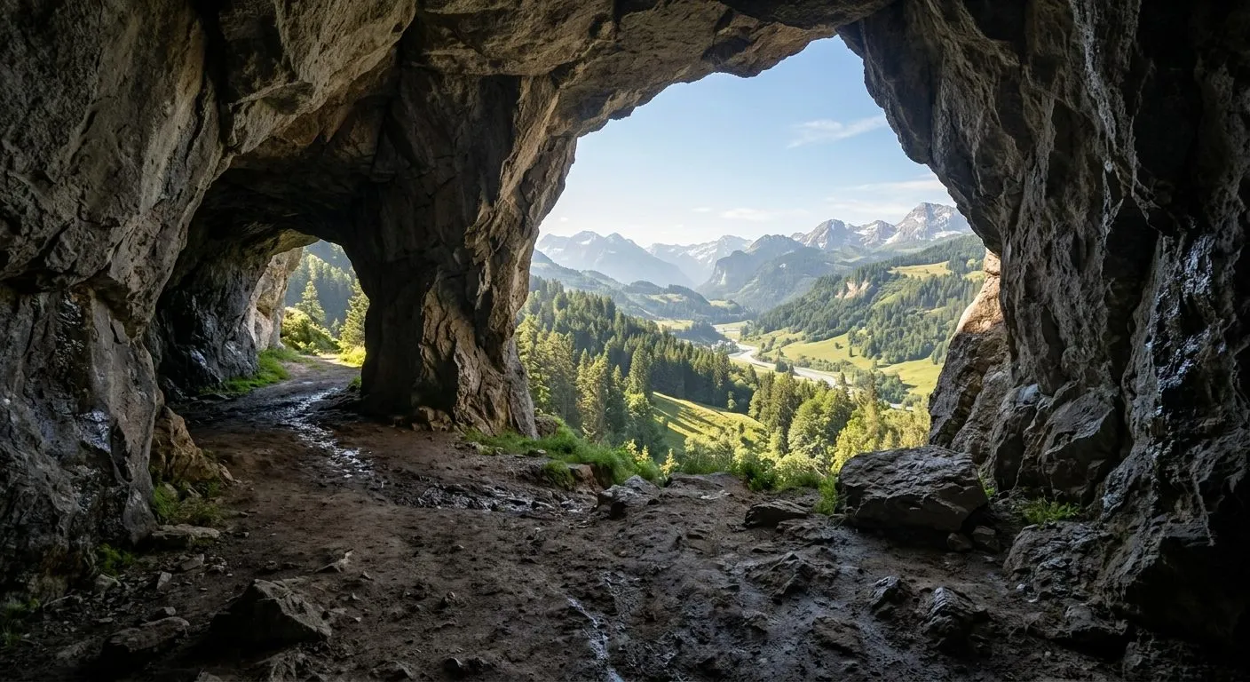 Transición continua de un personaje saliendo de una cueva hacia un gran valle soleado.