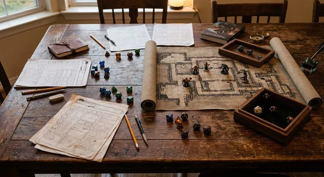 Mesa de juego de rol con dados poliédricos, fichas de personaje y lápices bajo una luz cálida.