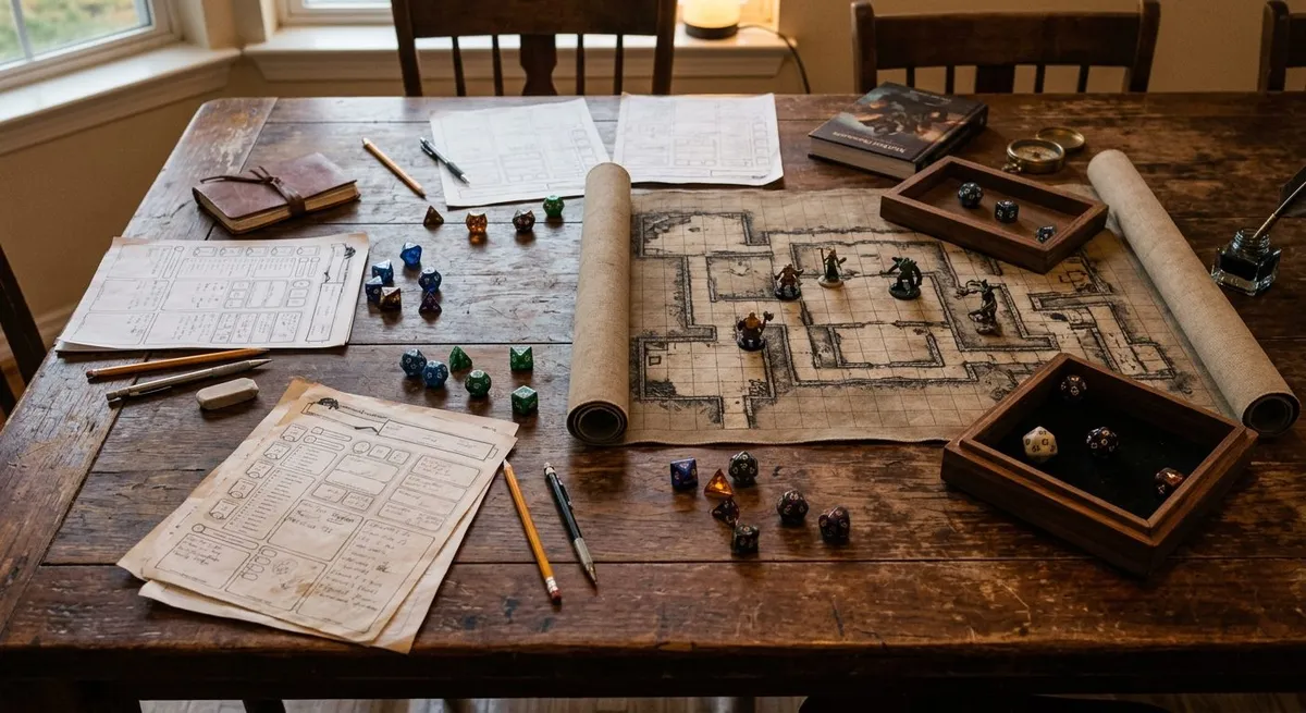 Mesa de juego de rol con dados poliédricos, fichas de personaje y lápices bajo una luz cálida.