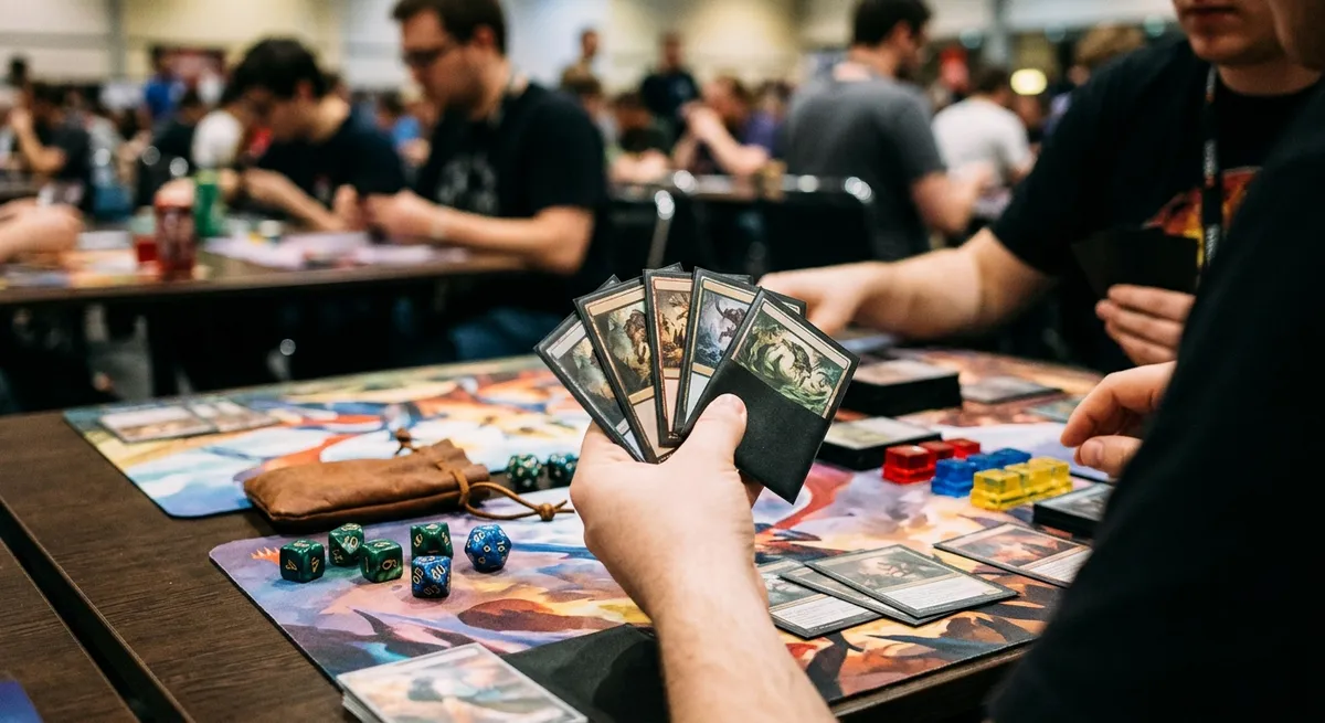 Dos personas jugando una partida estratégica de cartas coleccionables sobre un tapete con dados y contadores.