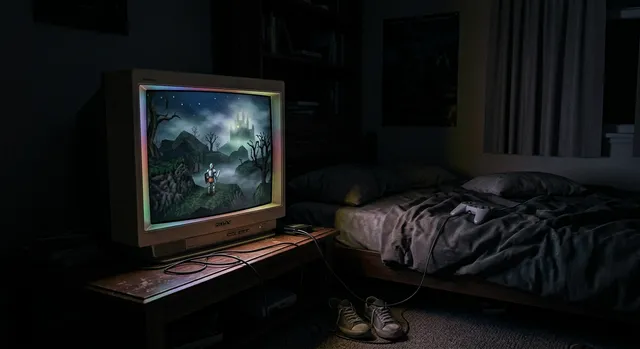 Televisor CRT encendido en una habitación a oscuras mostrando un videojuego retro de estilo noventero.