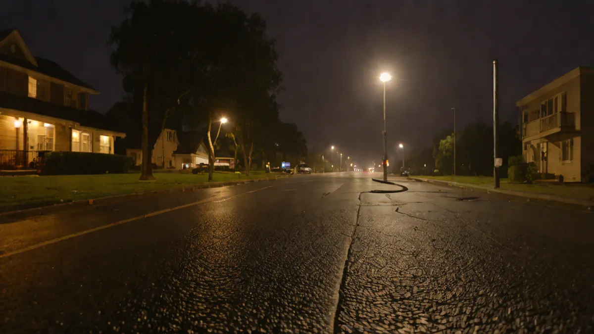 Una calle suburbana desierta por la noche, envuelta en niebla e iluminada por una sola farola.